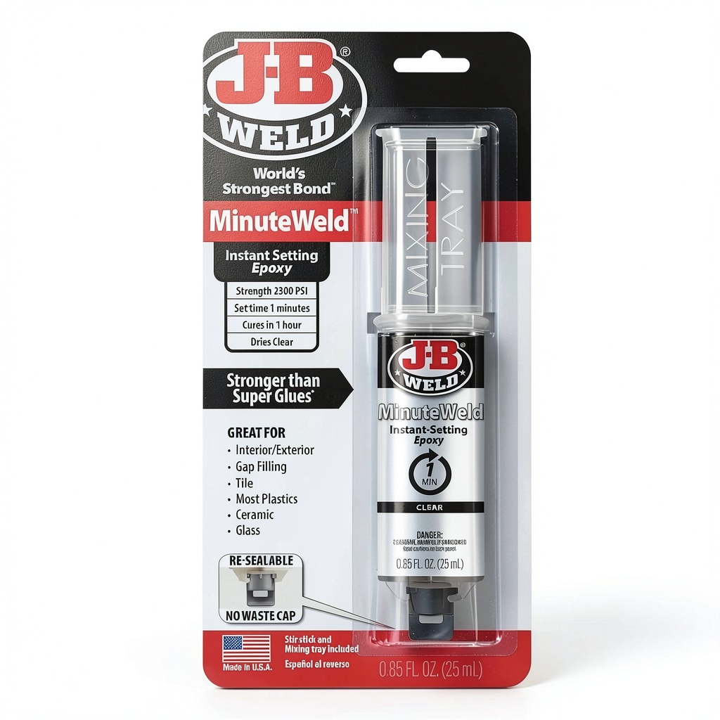 JB Weld MinuteWeld epoxy tube and applicator on a workbench