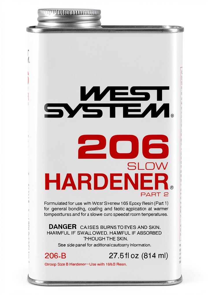 WEST SYSTEM 206 Slow Hardener bottle with epoxy resin and mixing tools