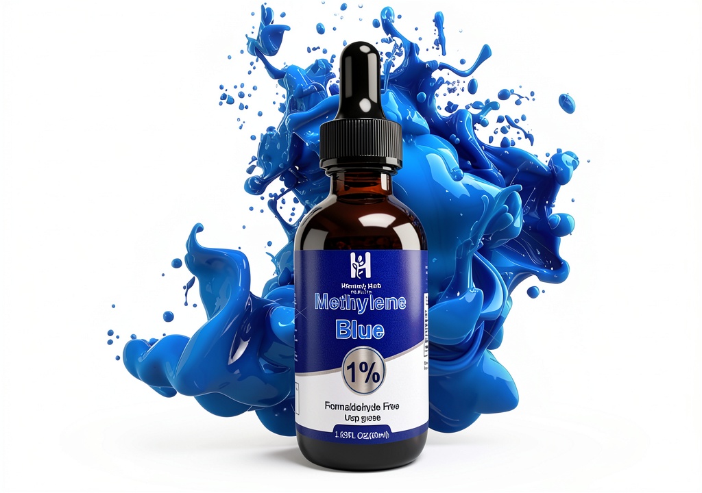 Installing Methylene Blue Hub Health Drops 1% Electrolyte Solution 2 fl oz on a wooden desk